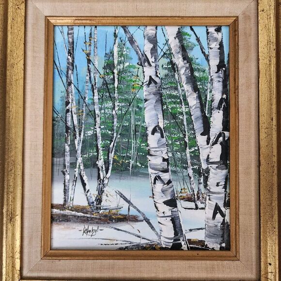 Birch Tree Oil Painting Northwoods Snowy Forest Winter Woods Aspen Pine Fir Snow - Picture 5 of 12